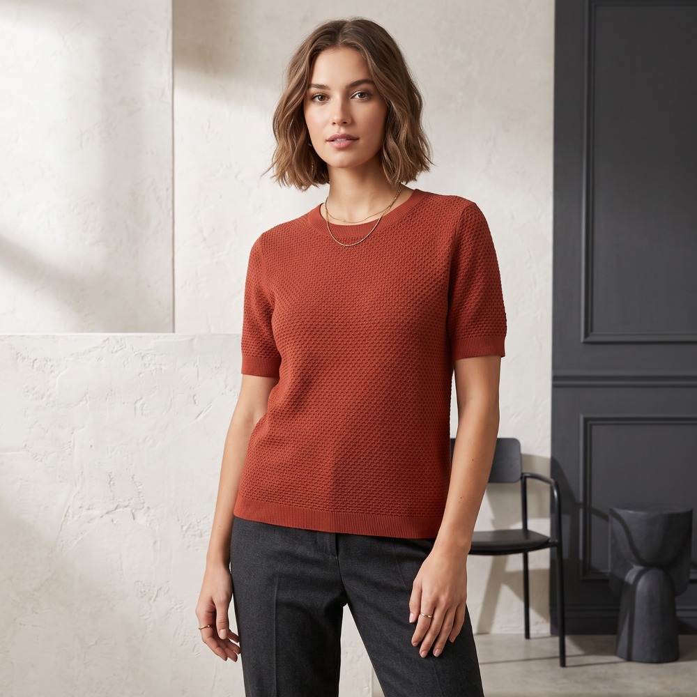 Nine West Honeycomb Knit Short Sleeve Sweater Rust Terracotta Cabincore Boho M